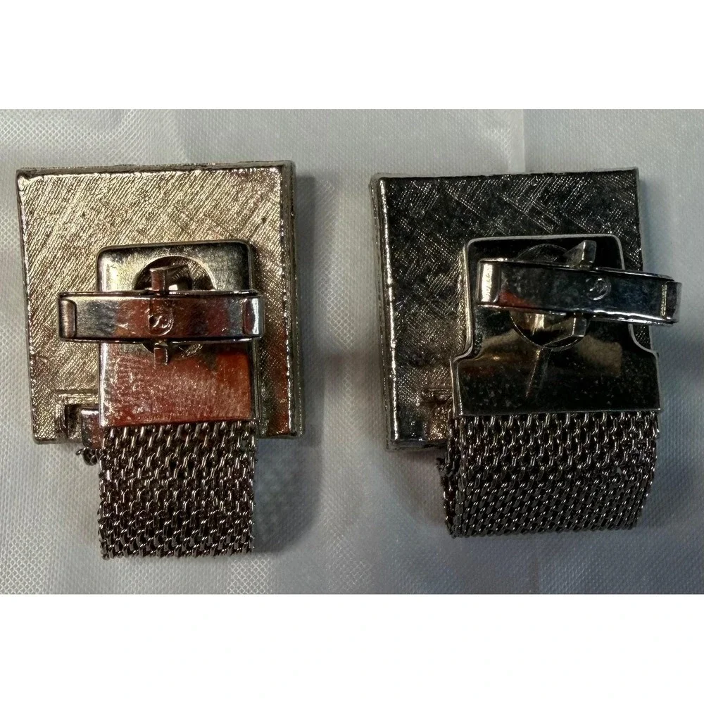 VTG Silver Tone Blue Rhinestone Mesh Wrap Around Cufflinks Square Mid Century